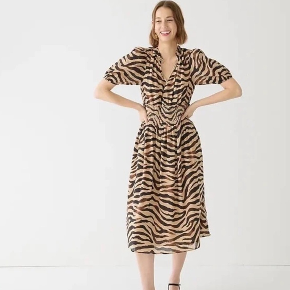 NWT J. Crew Zebra Stripe Smocked Waist Cotton Short Sleeve Midi Dress Size Small